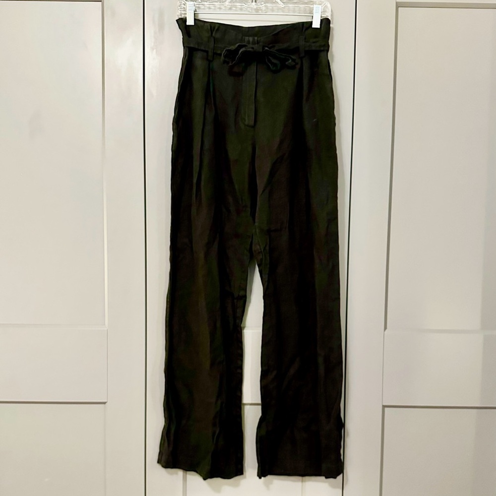 Pixie Market Linen Wide Leg Tie Front High Rise Pleated Pants Black Size Medium